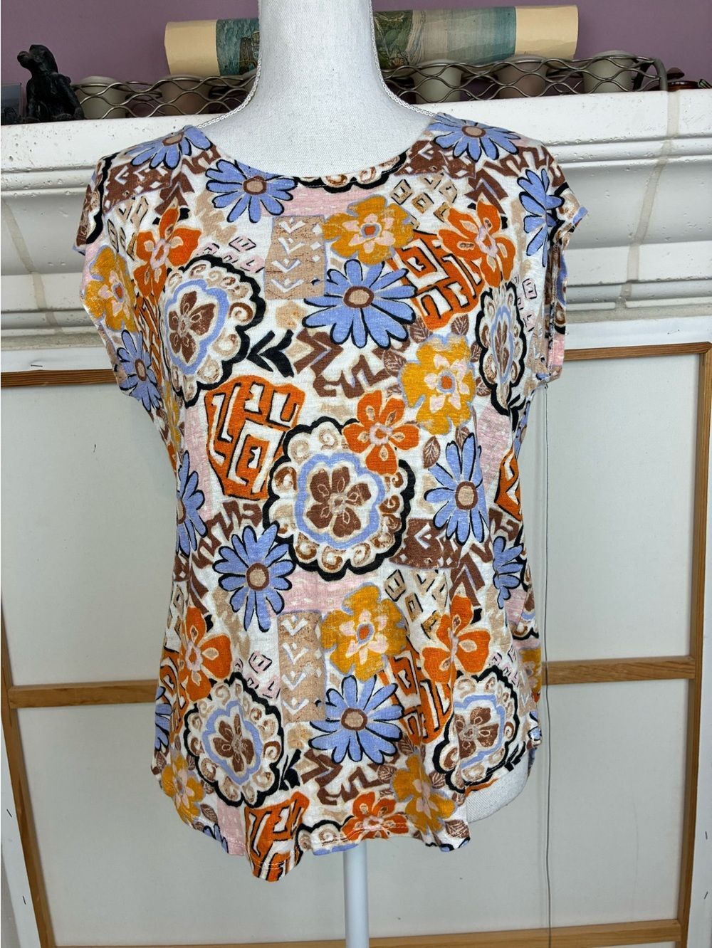 Nicole Miller Color Pop Linen Slub Floral Geometric Short Sleeve Top